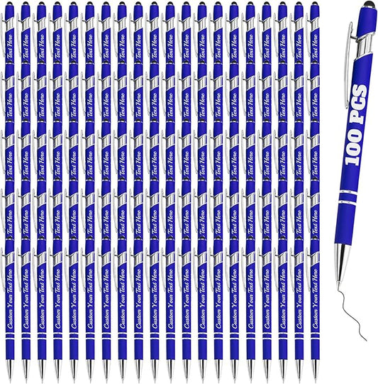 Personalized Pens Bulk 100 with Name Custom Engraving Ballpoint Pens with Stylus Tip Customized Smooth Writing Pens Personalized Gifts for Anniversary Birthday or Graduation(Blue,Black Ink)