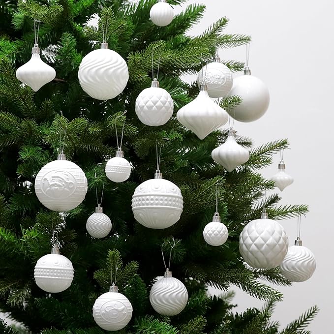 Senjie 36pcs Shatterproof Multi-Size Multi-Style White Christmas Ornaments