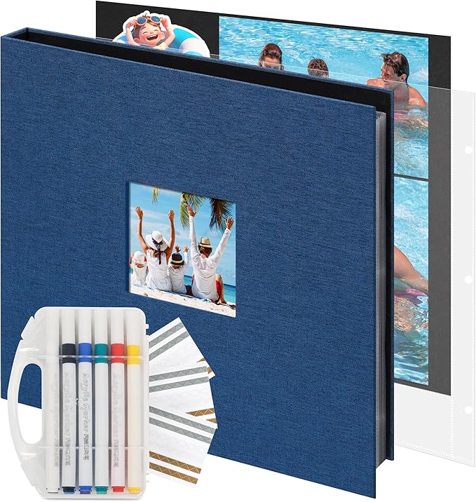 Vienrose Scrapbook Photo Album 12x12 Inch 3 Ring Binder, Linen Cover Large DIY Scrapbooks with 30 Sheets Plastic Sleeves 60 Pages Blank Black Inner Pages for Wedding Birthday Travel Baby Photos Blue