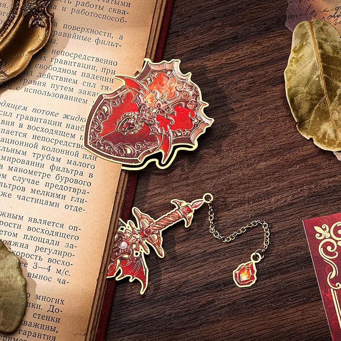 Dragon Knight Metal Bookmark & Book Clip Set - Sword Book Mark with Pendant & Shield Page Marker Clip - Fire Red Fantasy Gift for Men, Women, Kids, Readers, Book Lovers, RPG Gamers | Hymn to Heroes