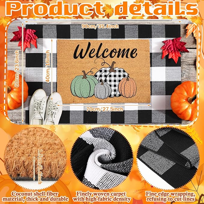 2 Pcs Thanksgiving Coir Doormat Outdoor Fall Pumpkin Welcome Outdoor Rugs for Layered Buffalo Black White Plaid Mats for Autumn Fall Front Door Porch Entryway Decor