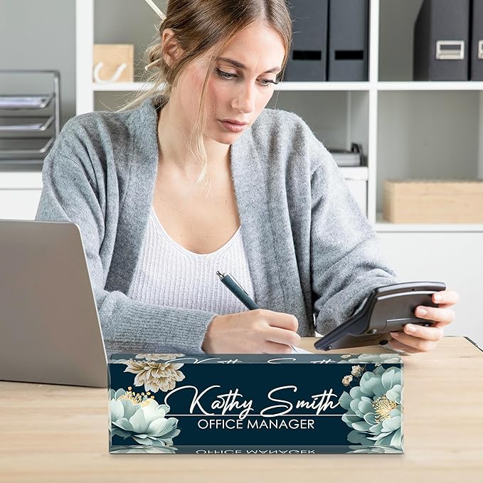 Personalized Name Plate for Desk, Custom Desk Name Plate, Acrylic Name Plate Office Desk Accessories, Personalized Office Gifts for Coworkers Teachers, Employee Appreciation Gifts (B-White Flower)