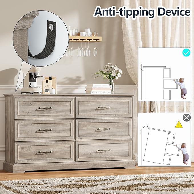 6 Drawer Dresser for Bedroom, 53" Wide Wooden Chest of Drawers, Rustic Farmhouse Dresser with Large Drawers & Metal Handles, Modern Storage Organizer for Closet, Living Room, Hallway, Grey