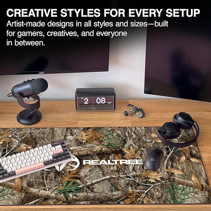 MPCO. Real Tree Large Gaming Desk Pad - 36" x 17" Aeroglyde Fabric Edge Green – With Logo Desk Mats - Non-slip, Washable, Smooth Glide for Precision Gaming & Work