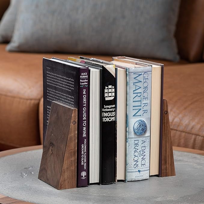 TILISMA Book Ends for Shelves - Handmade Wooden Bookends with Metal Base, Walnut Tree - Sturdy Book Holders for Heavy Books - Fancy Modern Decorative Book Accessories to Hold Books Firmly on Bookshelf
