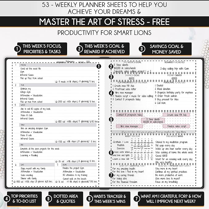 Life Planner - Gratitude Journal for Men & Women | Daily, Weekly & Monthly Planner with Budget Section, Time Blocking, Habit Tracker for Peace of Mind Planning to Increase Productivity & Happiness