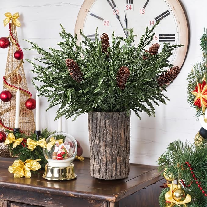 Artificial Christmas Norfolk Pine Stems Branches for Vases,12 Bundles Faux Pine Branches with 5 PCS Big Pinecones Stems Fake Greenery Evergreen Real Touch for Holiday Winter Table Xmas Decor