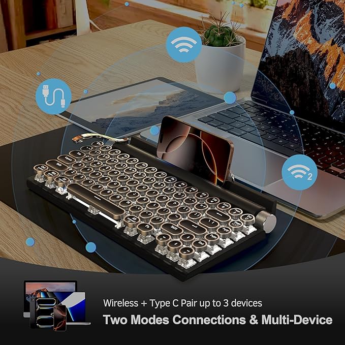 Retro Typewriter Mechanical Keyboard, Wireless Bluetooth 5.0 LED Backlit Office Computer Keyboards with 83-Key Clicky Blue Switches, Vintage Design for PC/Laptop/Mac/Pad/Phone/Gaming, Black