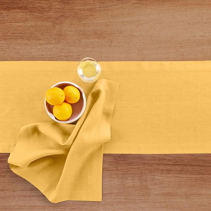 Solino Home Linen Mustard Yellow Table Runner 36 Inches - 100% Pure Linen Farmhouse Short Table Runner 14 x 36 Inch Ideal for Dresser and Coffee Tables - Fete