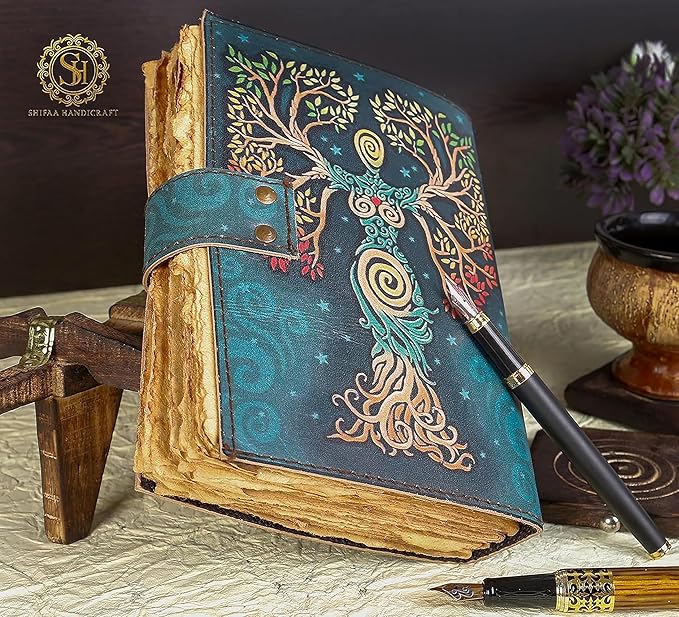 Blank Spell Book Of Shadows Journal With Lock Clasp Prop Vintage Handmade Leather Diary Embossed Prayer Pagan Antique Witchcraft Supplies Wiccan Notebook Daily Witch Gifts Mystic Greek Mythology Goddess (8x6)