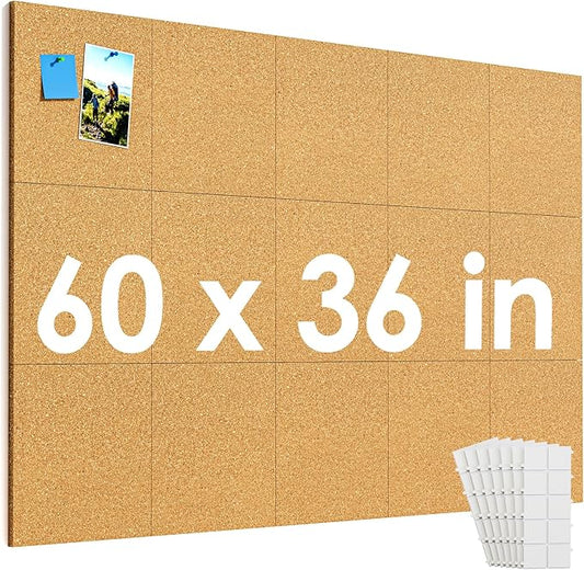 MaxGear Large Cork Board for Wall 60" x 36", 15 Pack Cork Board Tiles with 40 Pushpins & Safe Removable Adhesive Tabs, 12" x 12" Corkboards for Office, School, Home