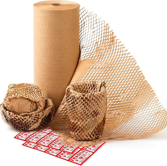 Honeycomb Packing Paper 12" Width X 200 FT for Moving Glass Dishes Recyclable Wrapping Paper Bubble Wrap Packing Material for Shipping Fragile Items Shipping Filler with 20 Fragile Stickers