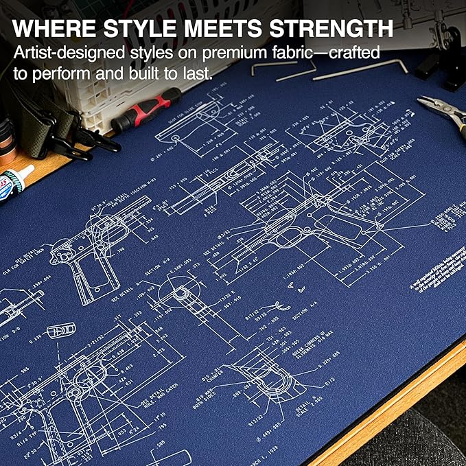 MPCO. Blueprints Large Gaming Desk Pad - 36" x 17" Duraglyde Fabric Browning 1911 – Blue Desk Mats - Non-Slip, Washable, Smooth Glide for Precision Gaming & Work