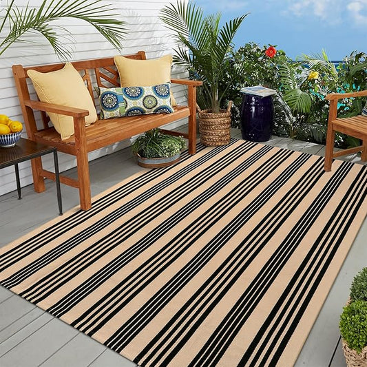 OJIA Outdoor Patio Rug 5'x7', Black and Tan Striped Outdoor Rugs Machine Washable Area Rugs Cotton Hand Woven Indoor Outdoor Rugs for Bedroom/Living Room/Front Porch/Deck/Backyard/Camping