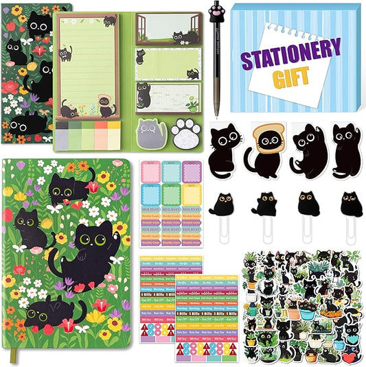 B1ykin Notebook Sticky Notes Stationery Set, 6Pcs Hardcover Ruled Journal Notebook with Planner Stickers, Neutral Pen Bookmarks Clips Birthday Gift for Office Students (Black Cat Floral)