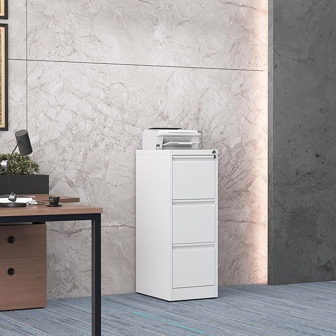 3 Drawer File Cabinet with Lock, Steel Vertical Filing Storage Cabinet for Home Office, Heavy-Duty File Cabinets for Letters/Legal/A4 (Require Assembly, White)