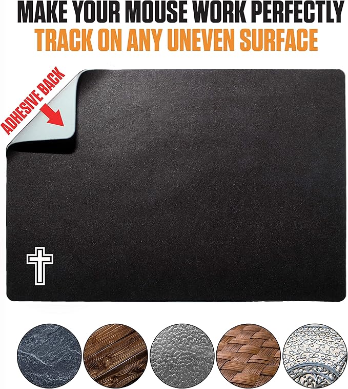 Mouse Pad Adhesive Bottom - Sticks to Any Surface - Portable - Webcam Covers and Screen Cleaner Included (Cross-Black)