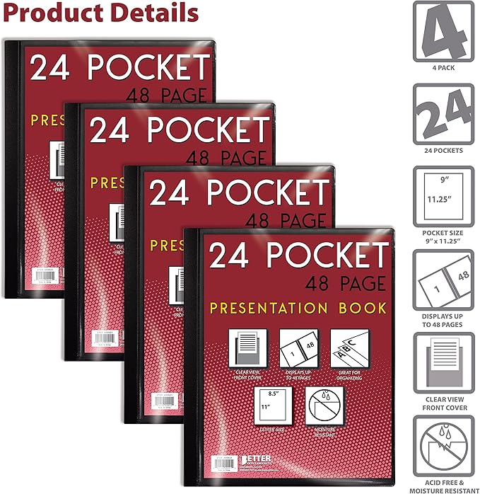 Better Office Products 24 Pocket Bound Presentation Book, Black, Clear View Front Cover, 48 Sheet Protector Pages, 8.5" x 11" Sheets, Art Portfolio, Durable Poly Covers, Letter Size (4 Pack)
