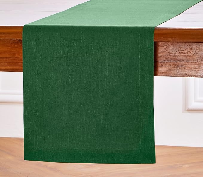 Solino Home Linen Table Runner 72 Inches Long - 100% Pure Linen Pine Green Dining Table Runner 14 x 72 Inch for Fall, Autumn, Thanksgiving, Christmas - Fete