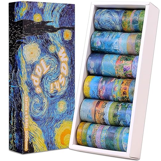 emmoolife 32 Rolls Washi Tape Set, Oil Painting Decorative Masking Tape, Van Gogh Adhesive Tape for Bullet Journal, DIY Crafts Gift, Party Decorations, Junk Journal, School Supplies