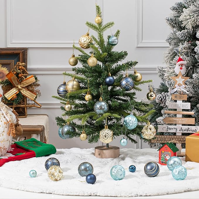 100ct Blue and Gold Christmas Ornaments Set, Shatterproof Xmas Tree Ornaments Decorations Collection, Hanging Plastic Christmas Balls for Holiday Party Wedding (Blue&Gold)