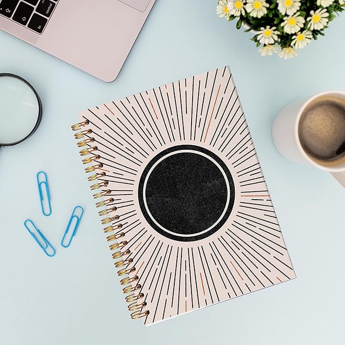 VNWEK Abstract Boho Black Sun Sunshine Sunray Sunburst Spiral Notebook Journal 5.5 x 8.3 inches,Boho Lined Hardcover Spiral Notebook,Boho Gifts for Women Teen Girls Teens