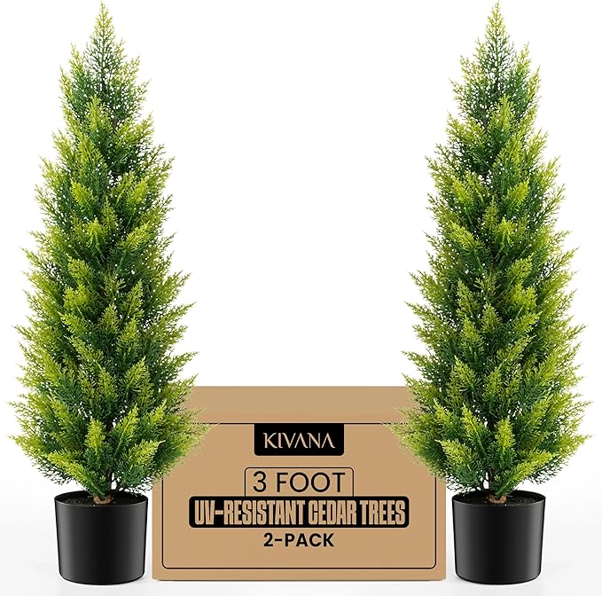 Artificial Cedar Tree 3ft - Outdoor or Indoor - Weather and UV-Resistant Artificial Outdoor Plants - Front Porch | Garden - Faux Cedar Tree - Set of 2