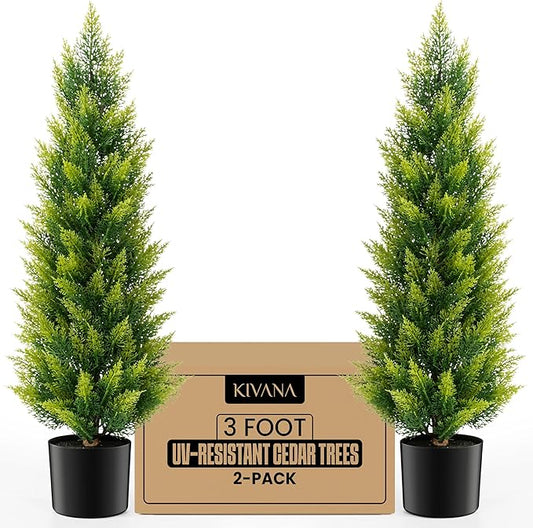 Artificial Cedar Tree 3ft - Outdoor or Indoor - Weather and UV-Resistant Artificial Outdoor Plants - Front Porch | Garden - Faux Cedar Tree - Set of 2