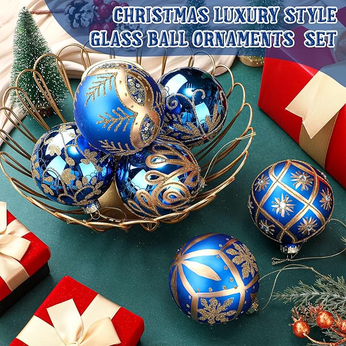 6 pcs 3.15 Inch Glass Luxury Christmas Ball Blue and Gold Ball Ornaments Glass Christmas Tree Decorations Luxury Hanging Ornaments for Xmas Tree Party Holiday Decor