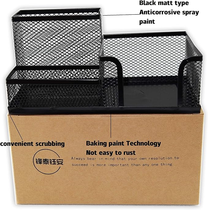 Fengtaiyuan T04, Black Metal Wire Mesh Pencil Holder, Desk Organizer (Black-T04)