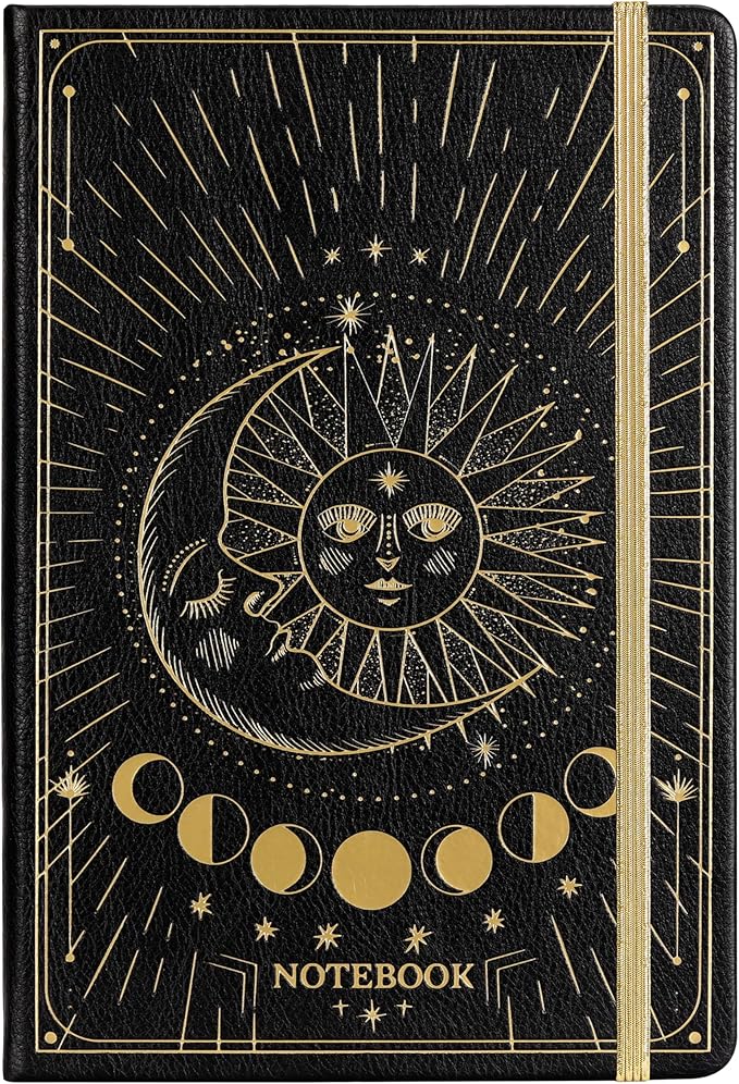 Artfan Ruled Notebook/Journal – Premium Thick Paper Faux Leather Classic Writing Notebook with Pocket + Page Dividers Gifts, Banded, Large, 144 Pages, Hard Cover, Lined (5.8 x 8.4) - Sun and Moon