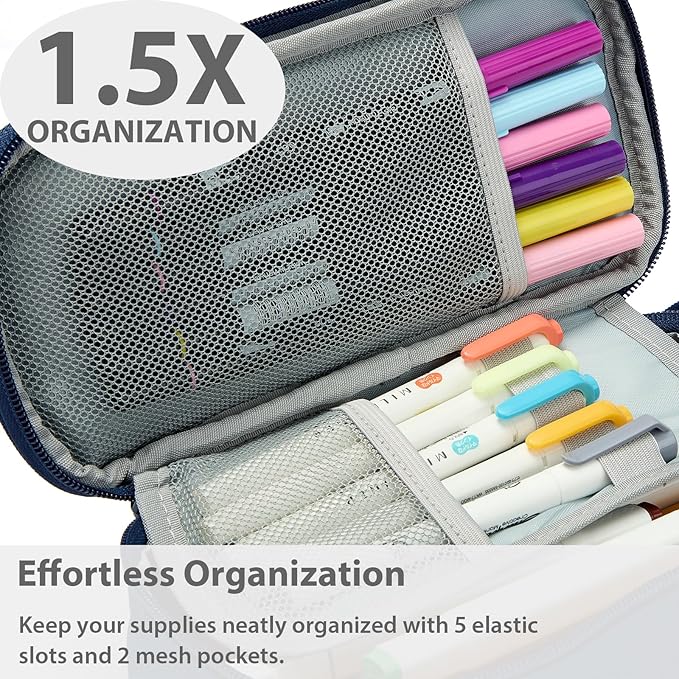 Pencil Case Pouch Box Bag School Supplies Girls Boys Kids, Cute Preppy Stuff Large Big Capacity Aesthetic Pen Organizer, Back to College Stationary, Navy Blue, Classic Stlye, 1800ml