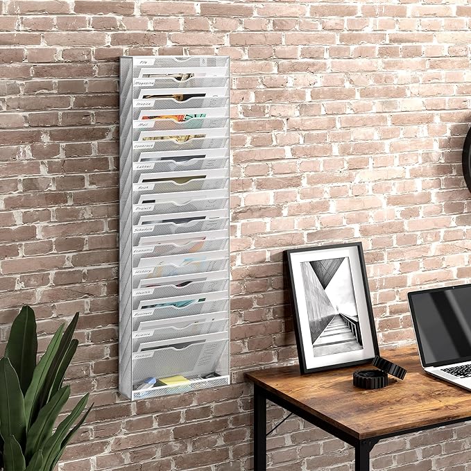 16 Tier Hanging Wall File Holder, Metal A4 Wall Mounted Document Holder, Vertical Hanging Mail Organizer, Magazine Storage Rack with Tray for Office Home Classroom, White