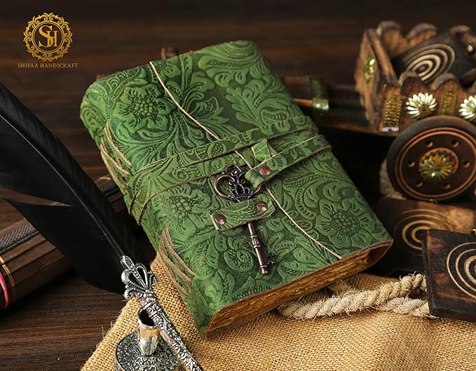 SH SHIFAA HANDICRAFT Leather Journal - Antique Handmade Deckle Edge Vintage Paper Leather Bound Journal - Book of Shadows Journal - Leather Sketchbook - Drawing Journal - Great Gift (Green) (13x10)