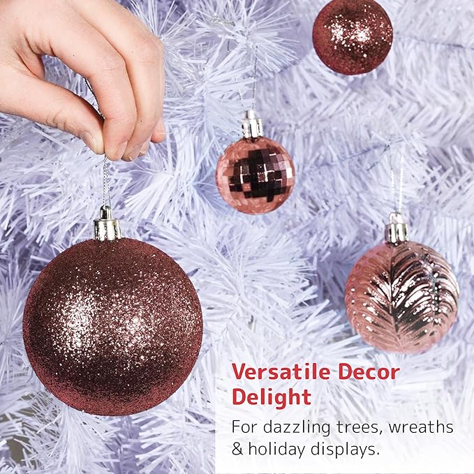 Prextex 36-Pieces Christmas Ornaments Set - Shatterproof, Festive Christmas Balls Decorations in 3 Sizes and 6 Styles with Hanging Loops for Tree, Wreath, and Dazzling Holiday Party Decor - Rose Gold