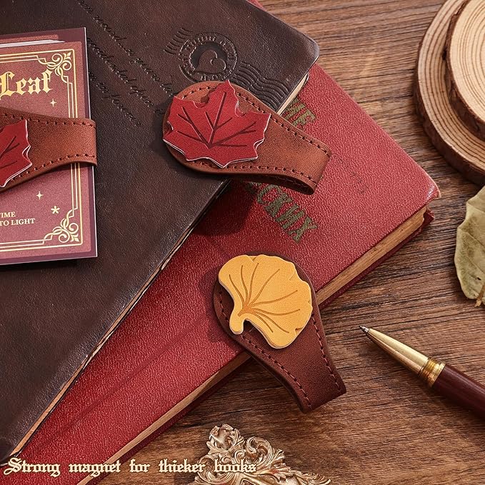 2PCS Vintage Magnetic Leather Bookmark, Leather Magnetic Bookmarks for Women, Magnetic PU Bookmarks Clip Book Accessories, Ginkgo & Maple Leaf