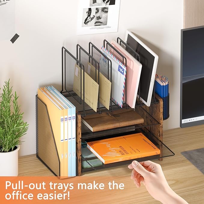 Piskyet Desk Organizer and Accessories, Wooden Desk File Organizer with Drawer,5 Vertical File Holders and 2 Pen Holders,Fancy Desktop Storage for Home Office