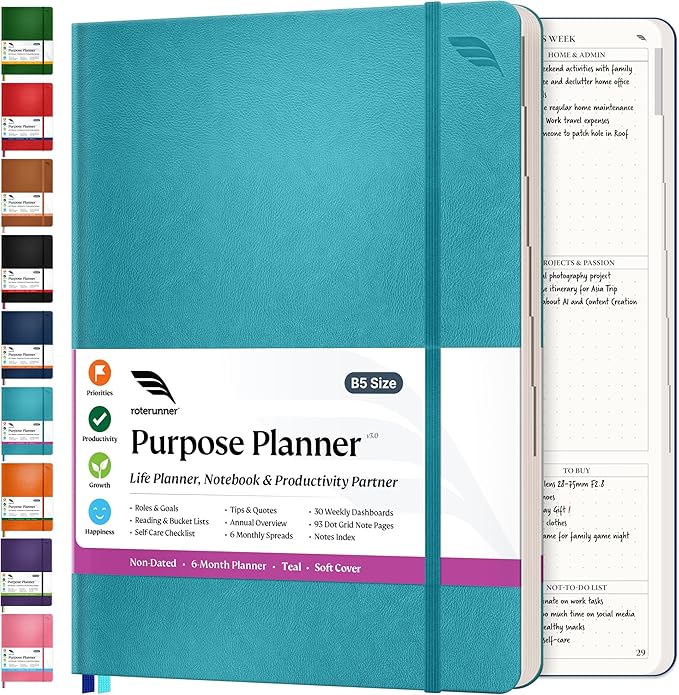 Roterunner Purpose Planner Notebook B5 7.5”x9.8” Undated Planner 2025 Daily Weekly and Monthly Productivity Goal Setting Tool for Work Home