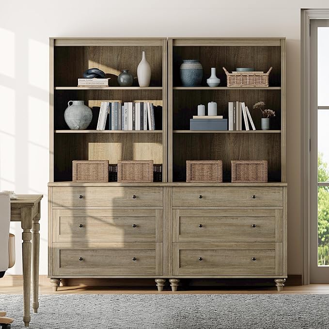 WAMPAT 3 Tier Bookshelf with 6 Wooden Drawers, 72" Tall Large Farmhouse Display Bookcase with Open Book Shelves, Mid Century Style Bookshelves for Living Room, Bedroom, Study Room, Wash Grey (2PCS)