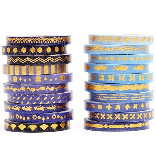 YUBX Skinny Gold Washi Tape Set Basic Foil Print Decorative Masking Tapes for Arts, DIY Crafts, Journals, Planners, Scrapbook, Wrapping (Navy Whales)