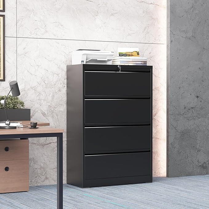 4 Drawer Lateral File Cabinet with Lock, Metal File Cabinets for Home Office, Steel Heavy-Duty Filing Storage Cabinet for Letters/Legal/A4 (Require Assembly, Black)