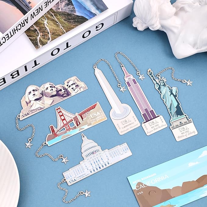 6 Pcs Silver Metal Bookmarks, Elegant Statue of Liberty America Famous Landmark Building Theme Bookmark for Women, USA Commemorate Bookmark Gift for Book Lovers Writers Readers Girls Teenage Children