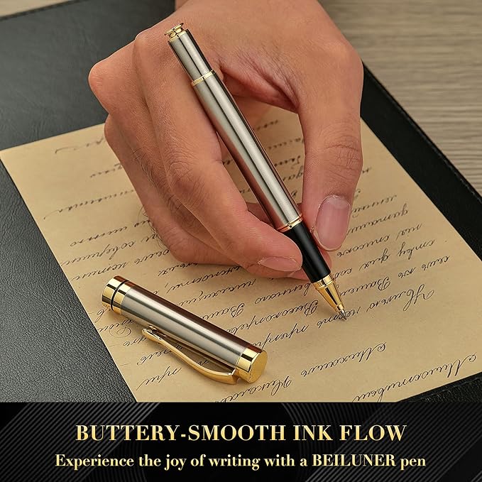 BEILUNER Ballpoint Pens, Stunning Silver Chrome Metal Pen with Golden Trim, Best Ball Pen Gift Set for Men & Women, Professional, Executive, Office, Nice Pens-Gift Box with 0.5mm Extra Black Refill