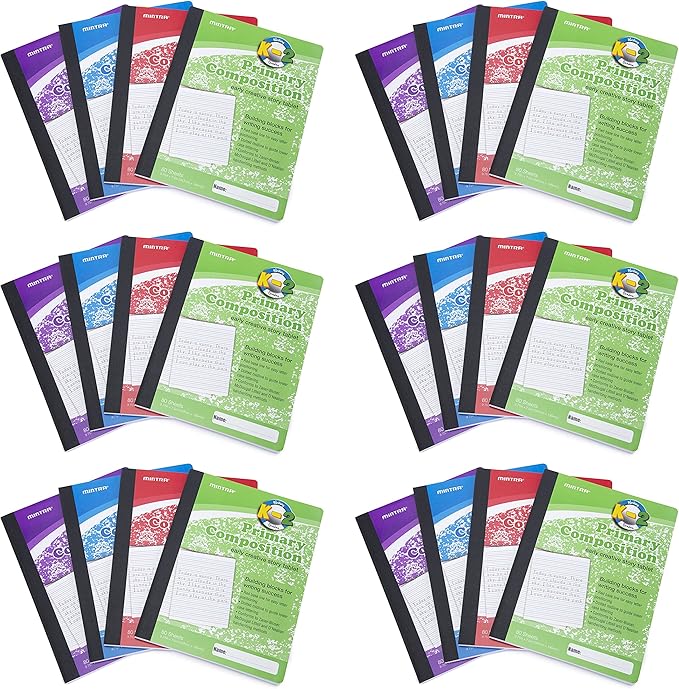 Mintra Primary Composition Notebook, 24 units 6-4 Pack, Assorted Colors, 80 Sheets, 7.5in x 9.75in, Full Sheet, Ruled with Drawing Area, Flexible Hardcover Journal, Grades K-2, School & Home Use