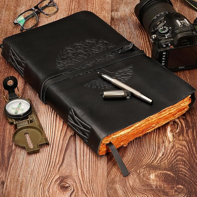 LUXEORIA Tree Of Life Leather Journal for Women and Men, Handcrafted Leather Journal for Writing Womens, Sketchbook, Travel Diary with Unlined Deckle Paper, Black 8x13