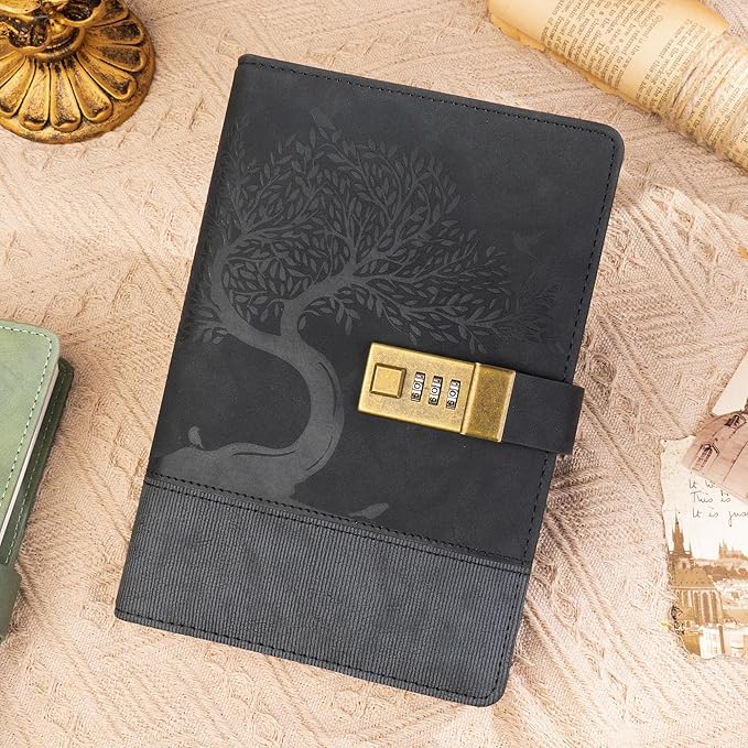 Vintage Diary with Lock for Women Men 256 Pages Leather Password Journal with Lock A5 Locked Journals for Writing Note Taking, 5.9x 8.3 in, Black