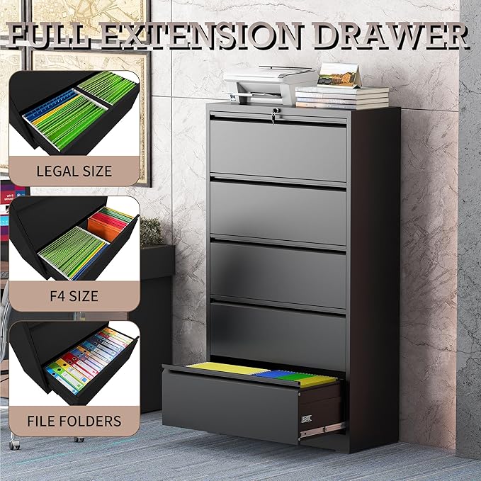 5 Drawer Lateral File Cabinet with Lock, Metal File Cabinet, Lateral File Cabinets for Home Office, Heavy Duty File Storage Cabinet for Legal/Letter/A4 Document, Assembly Required, Black