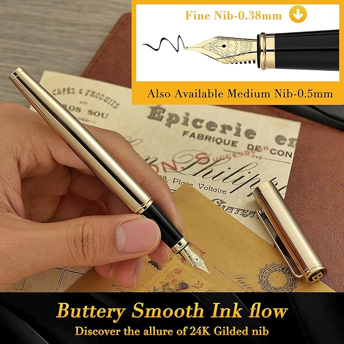 BEILUNER Gold Fountain Pen,Stunning Luxury Pens with 24K Gold Accents, Gorgeous 24K Gilded Nib(Fine), Ink Converter,Fancy Pen Gift for Men&Women-Elegant, Graduation, Office, Reliable,Nice for Writing