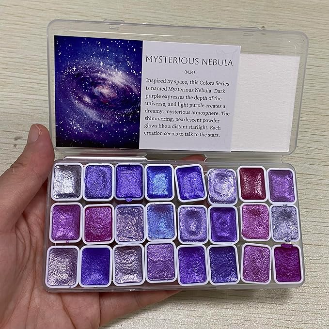 Mini Glitter Watercolor Paint Set with Paper, 24 Colors Shimmer Metallic Watercolour Painting Sets, Solid Pearl Water Color Paints for Adult, Kids, Purple 1ml Trial Pack(Mysterious Nebula)