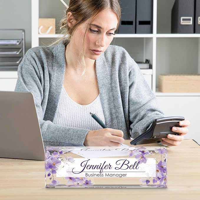 Personalized Name Plate for Desk, Custom Desk Name Plate, Acrylic Name Plate Office Desk Accessories, Personalized Office Gifts for Coworkers Teachers, Employee Appreciation Gifts (Purple Ink)